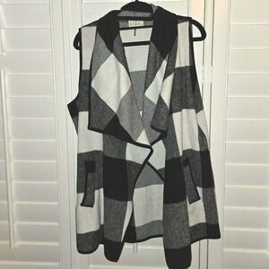 ETWO Buffalo Check Plaid‎ Vest L Black White Waterfall Open Front Longline Boho
